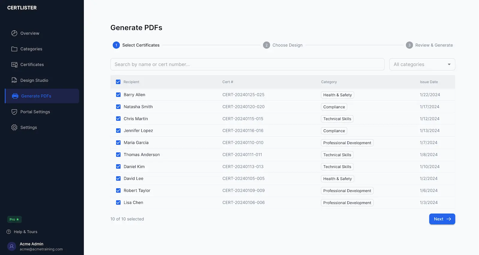 CertLister bulk PDF generation overview showing credential selection and generation progress