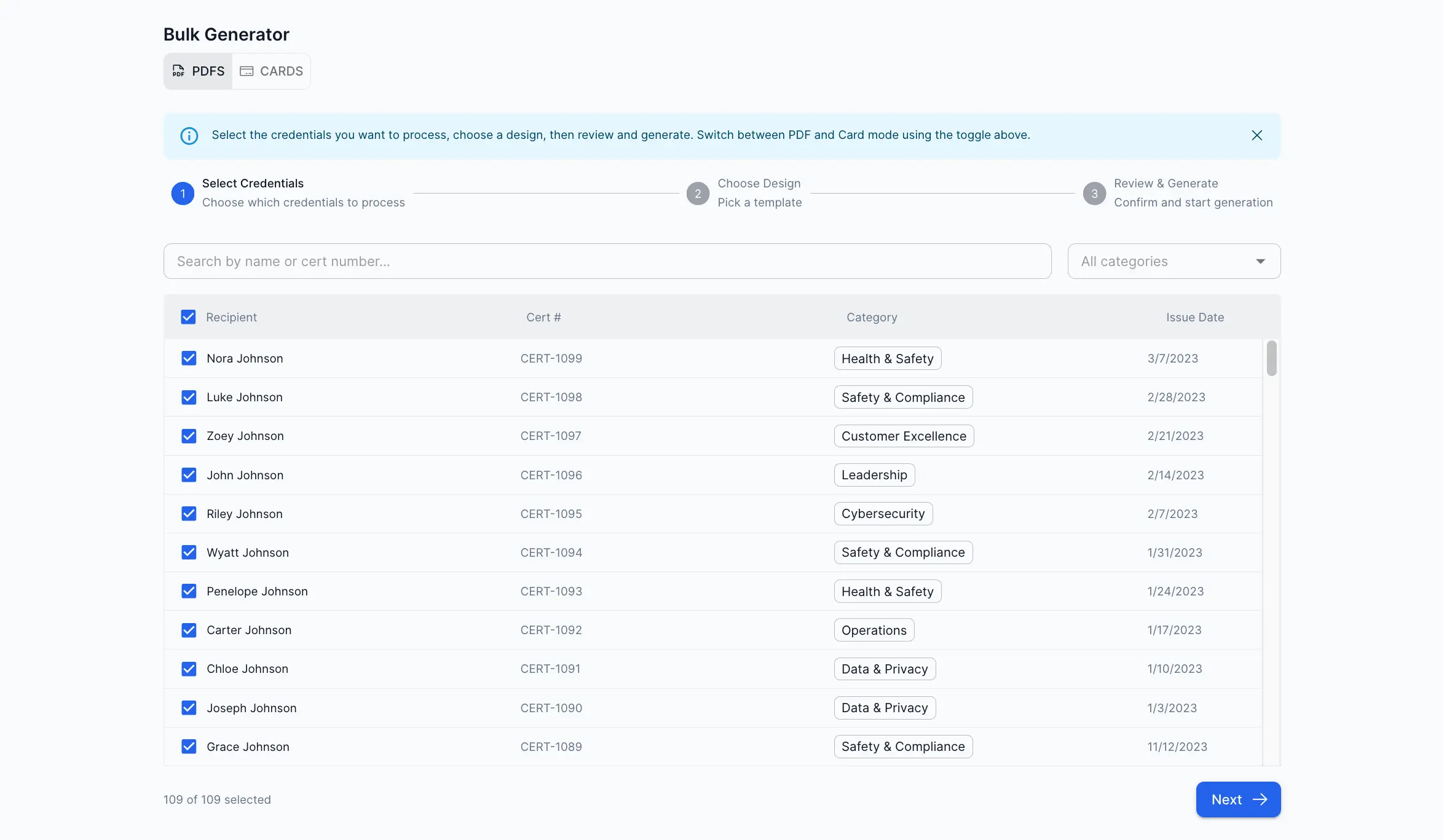 Credential creation and generation interface