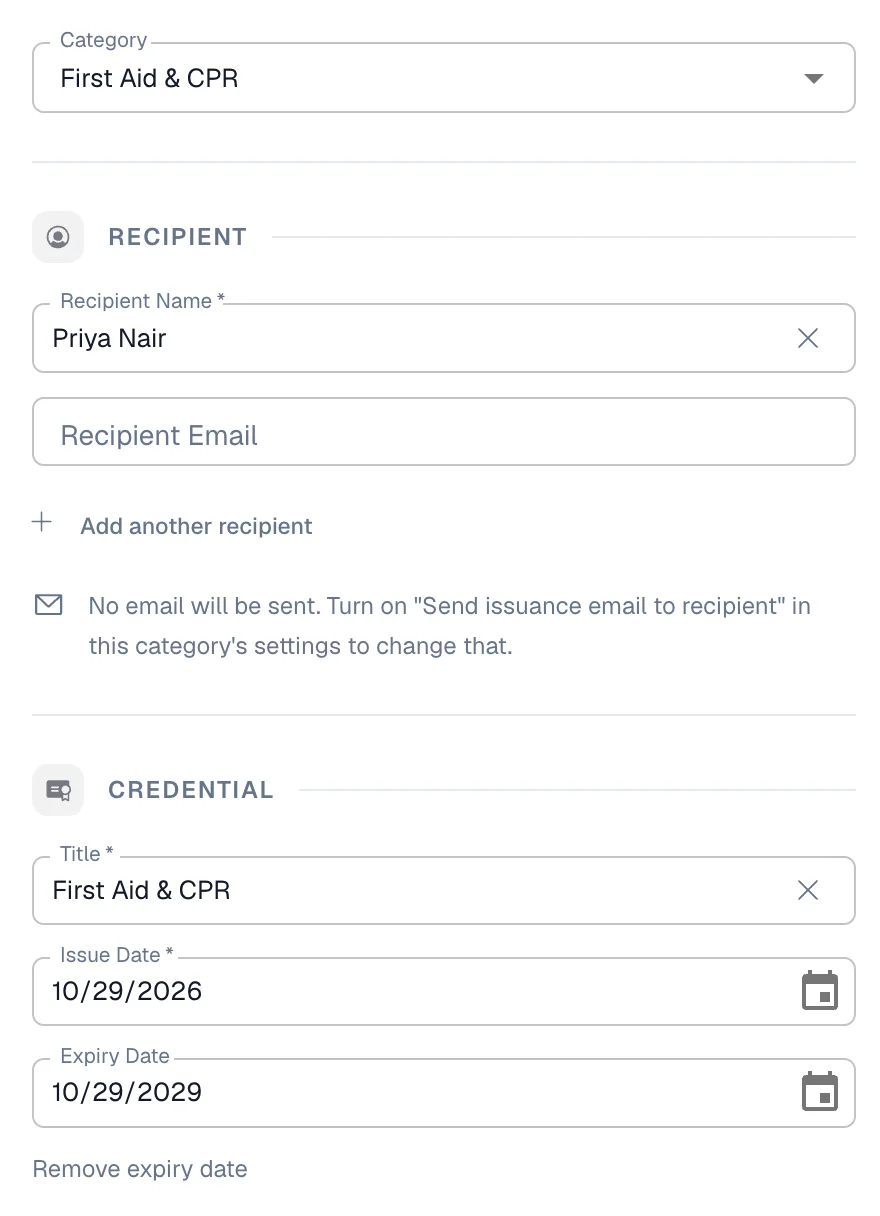 Issue form for a First Aid & CPR credential with an issue date and an expiry date three years later