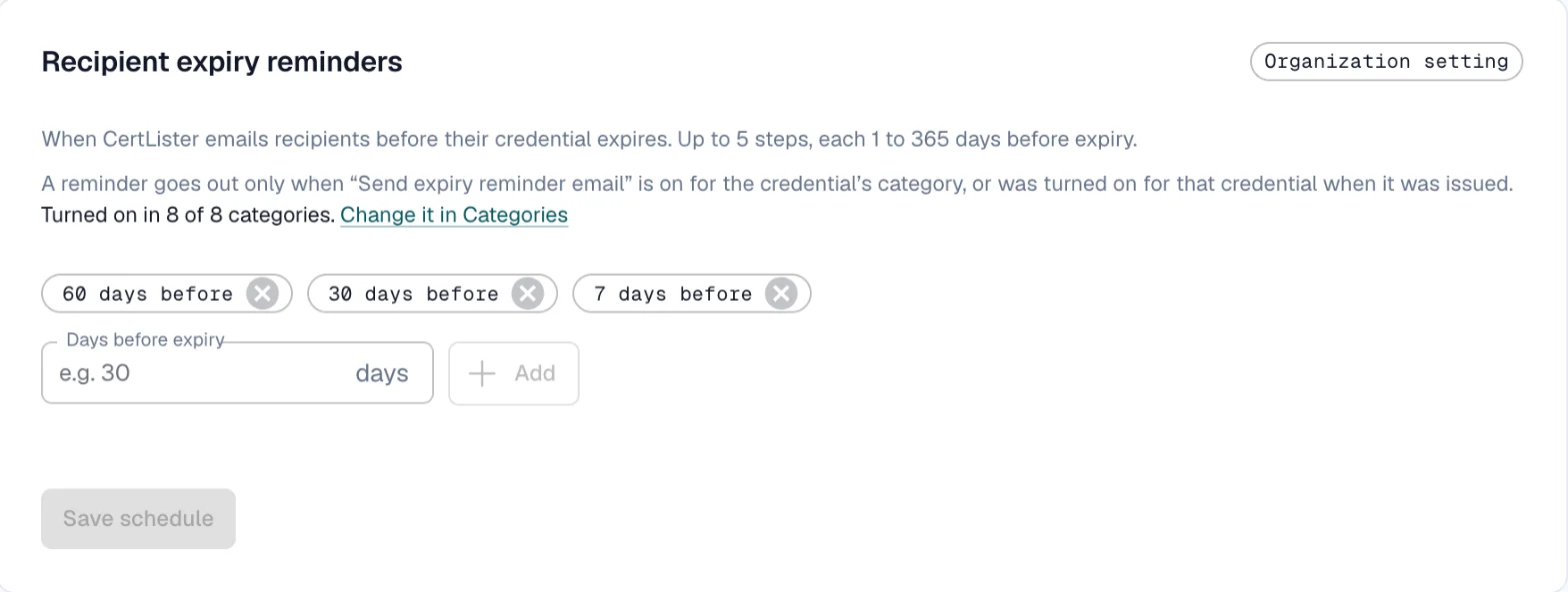 Recipient expiry reminders setting with reminders 60, 30 and 7 days before expiry, for the whole organization
