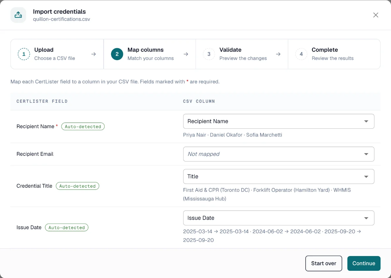 Import credentials, step 2 Map columns: CertLister fields matched to the columns of a CSV file