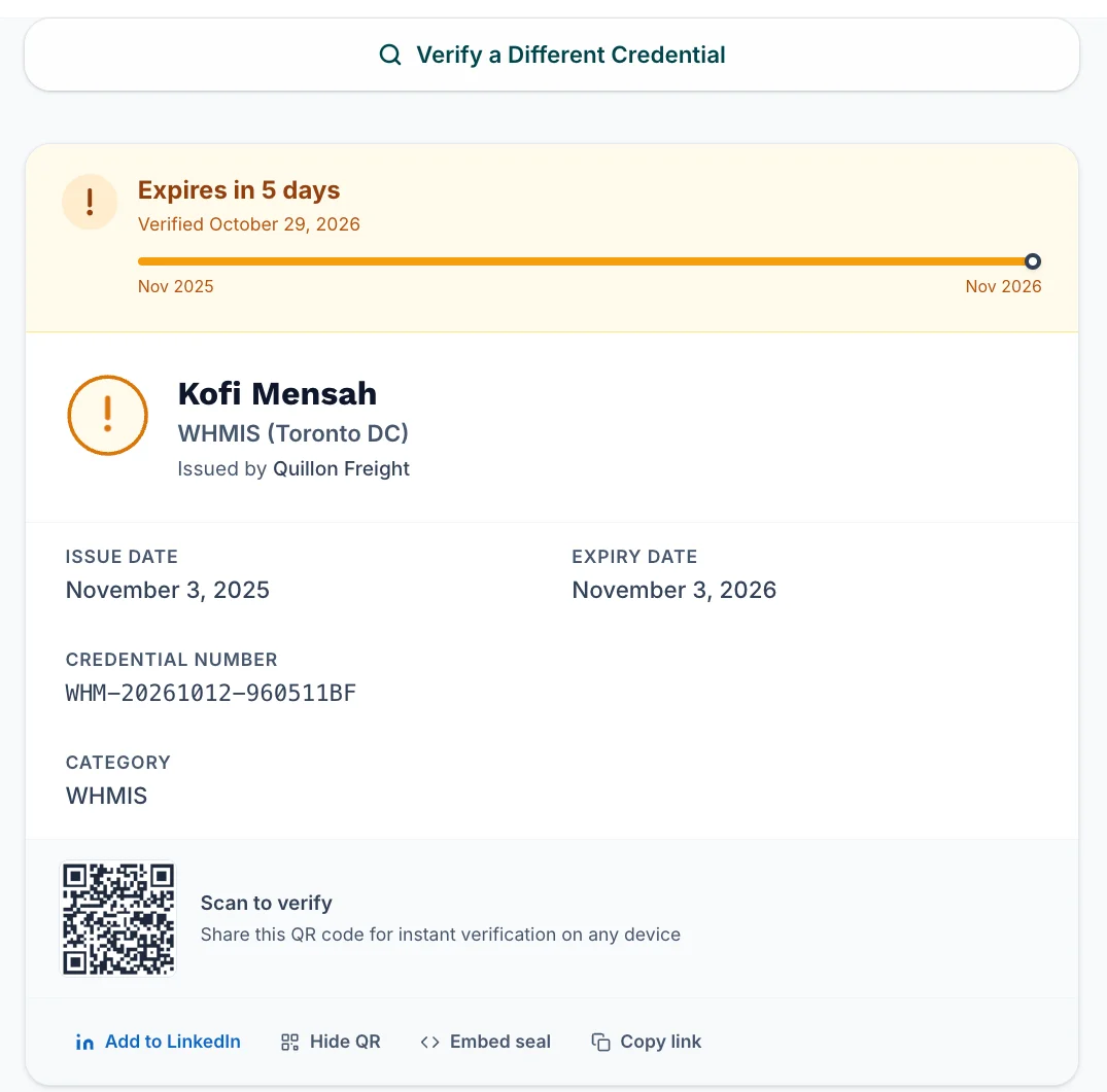 Public verification page for one credential, showing Expires in 5 days, the issue and expiry dates, the credential number and a QR code