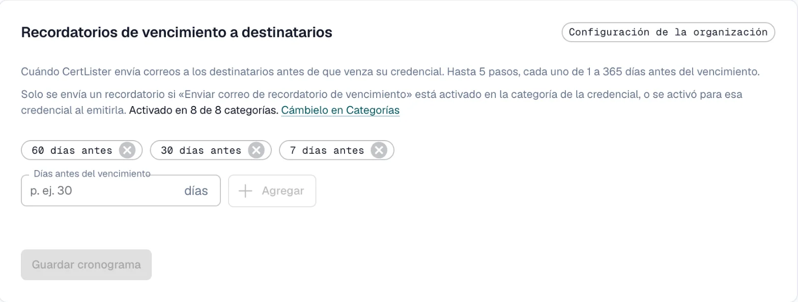 Ajuste de recordatorios de vencimiento a destinatarios: recordatorios 60, 30 y 7 días antes del vencimiento, para toda la organización