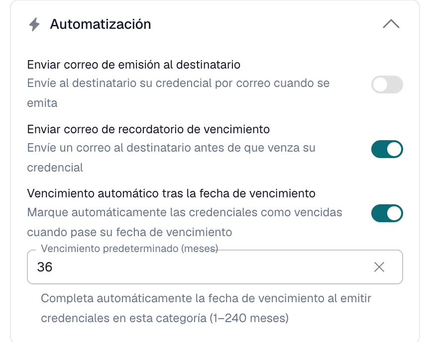 Tarjeta Automatización de una categoría, con el recordatorio de vencimiento y el vencimiento automático activados y un vencimiento predeterminado de 36 meses