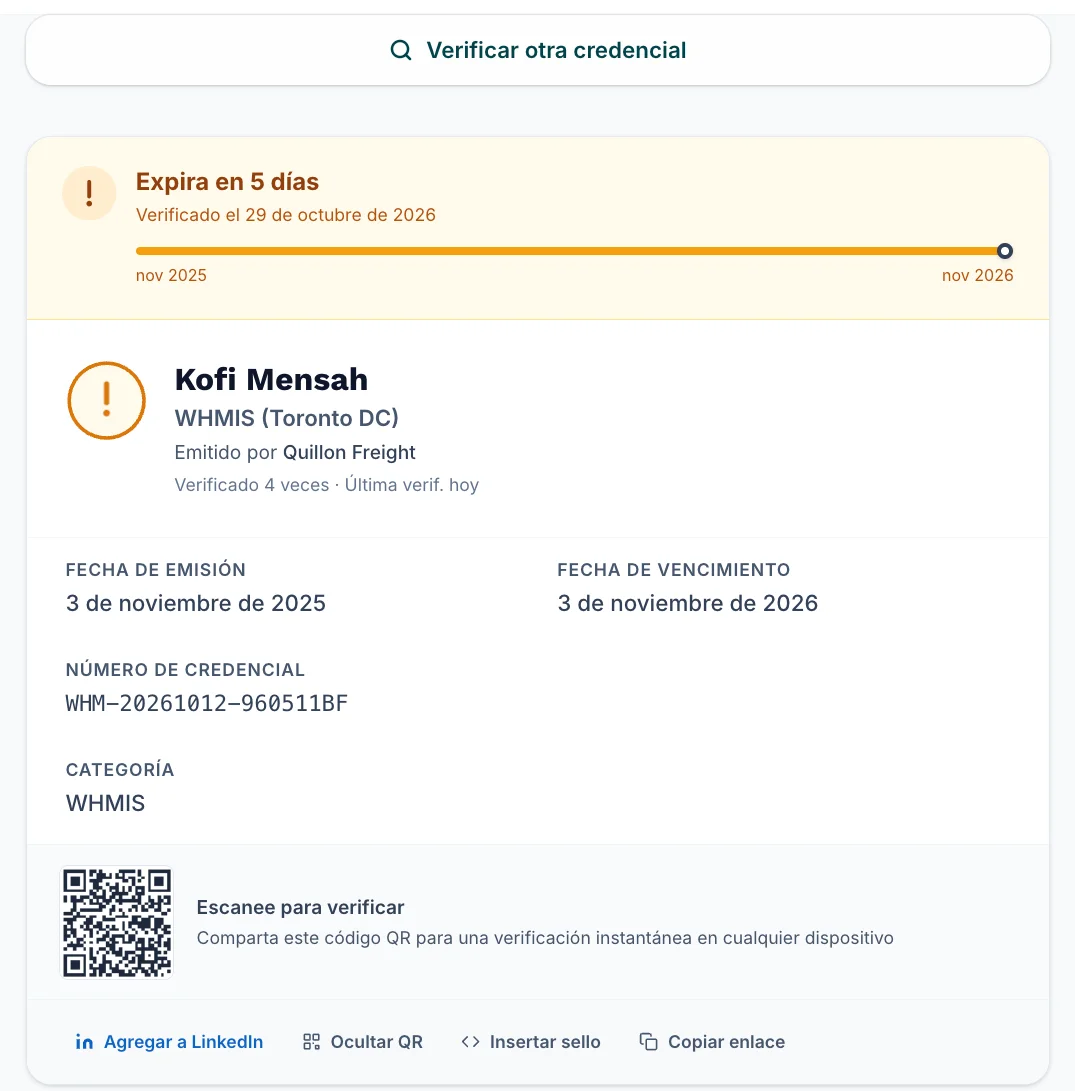 Página pública de verificación de una credencial: expira en 5 días, fechas de emisión y vencimiento, número de credencial y código QR