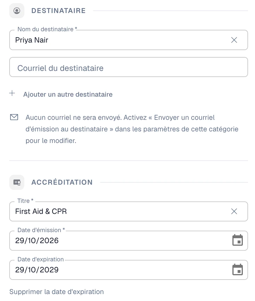 Formulaire d'émission d'une attestation First Aid & CPR avec une date d'émission et une date d'expiration trois ans plus tard