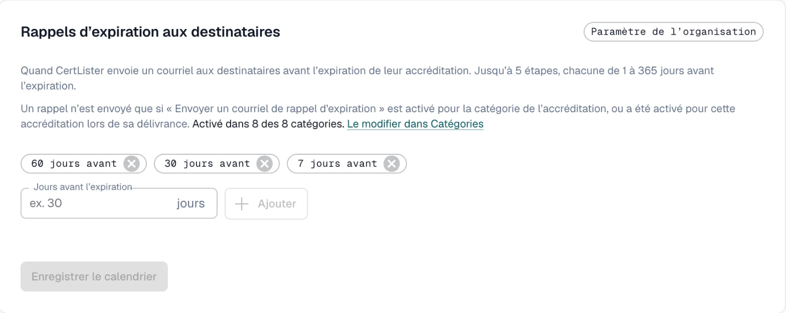 Réglage des rappels d'expiration aux destinataires : rappels 60, 30 et 7 jours avant l'expiration, pour toute l'organisation
