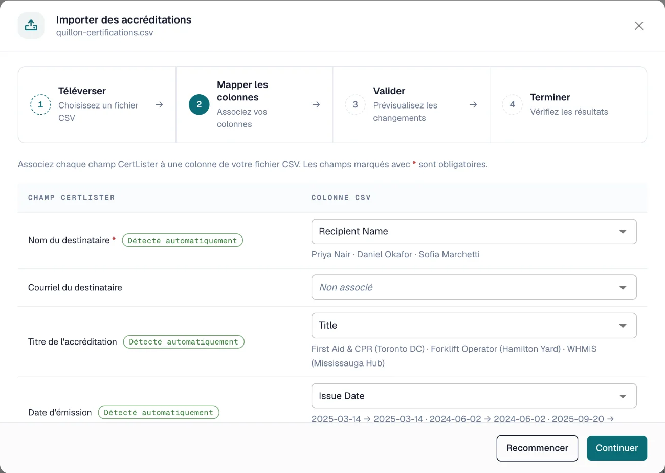 Importation d'attestations, étape 2 Mapper les colonnes : les champs CertLister associés aux colonnes d'un fichier CSV