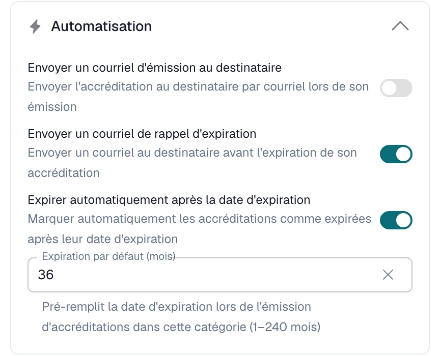 Carte Automatisation d'une catégorie, avec le rappel d'expiration et l'expiration automatique activés et une expiration par défaut de 36 mois