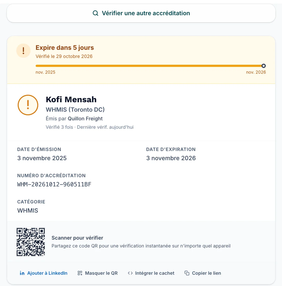 Page de vérification publique d'une attestation : expire dans 5 jours, dates d'émission et d'expiration, numéro d'accréditation et code QR