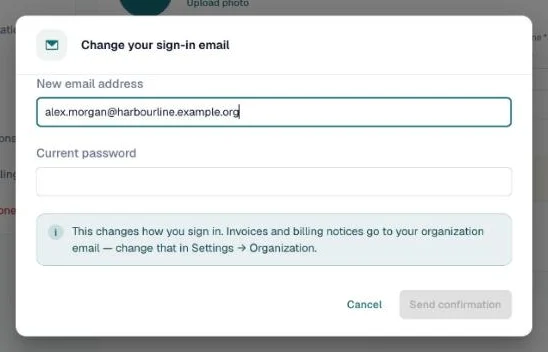 Change your sign-in email dialog with the new email address and current password fields