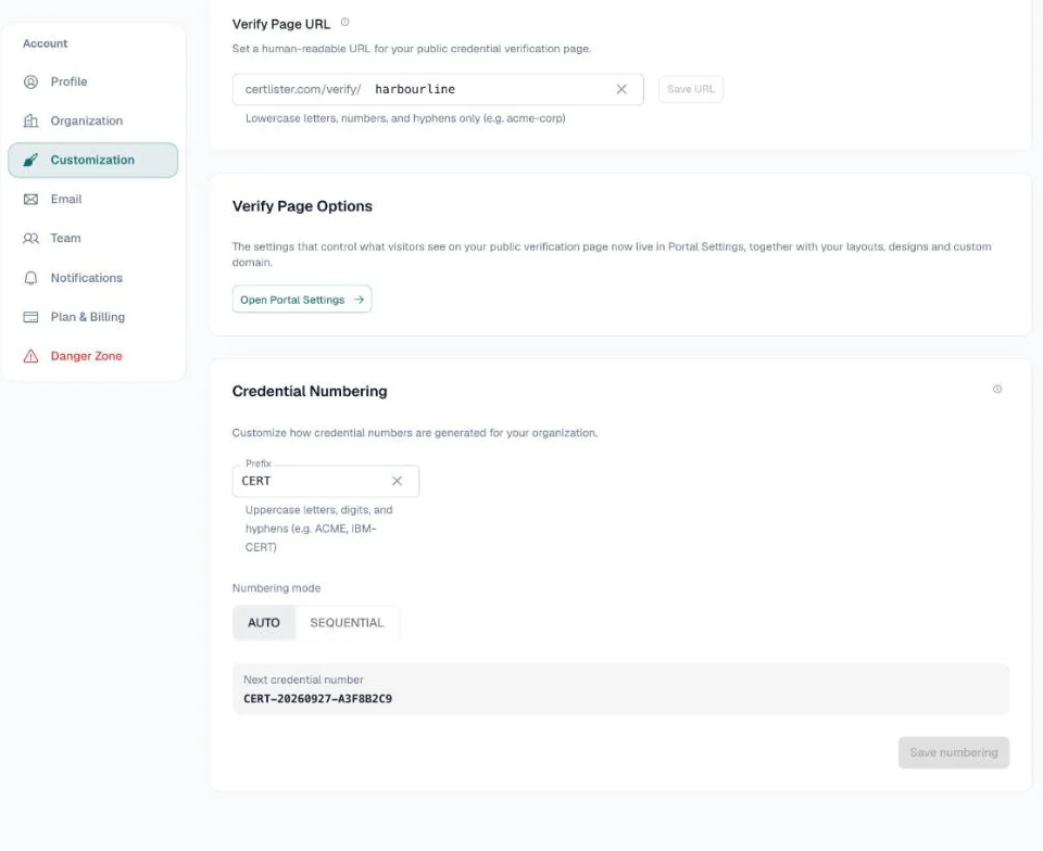 Customization tab with the Verify Page URL, a link to the verify page options, and Credential Numbering