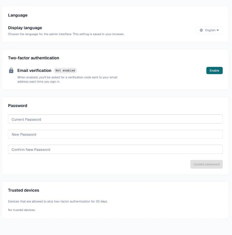 Profile tab with Two-factor authentication, Password and Trusted devices