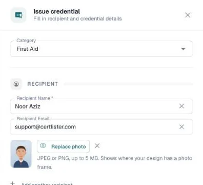 Issue credential drawer with a photo thumbnail and a Replace photo button under the recipient