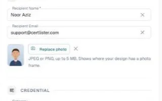 Edit credential drawer with the photo thumbnail, Replace photo and the remove control