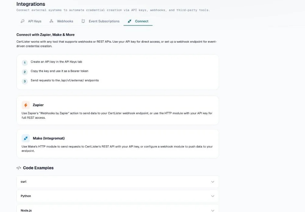 Connect tab with setup steps, Zapier and Make notes, and code examples