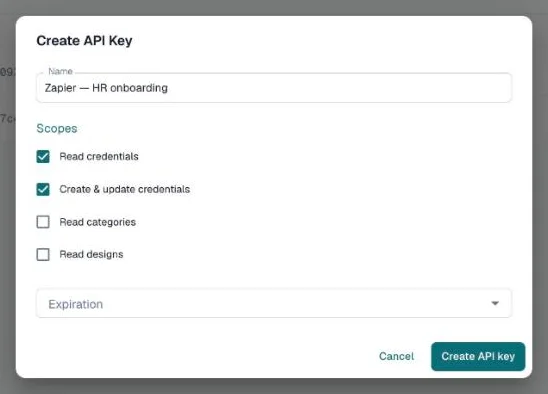 Create API Key dialog with a name, scope checkboxes and an expiration list