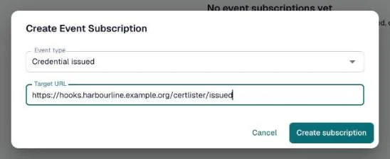 Create Event Subscription dialog with Credential issued and a target URL filled in