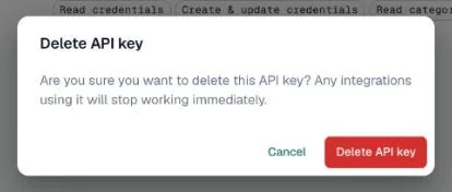 Delete API key confirmation dialog