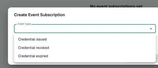 Create Event Subscription dialog with the event type list open