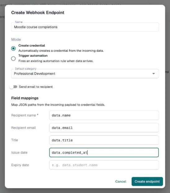 Create Webhook Endpoint dialog set up for Moodle with field mappings