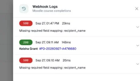 Webhook Logs panel with one successful delivery and two failures