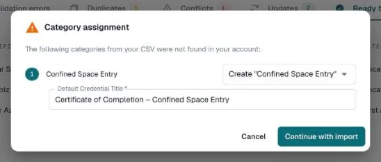 Category assignment dialog with a new category name and its default credential title