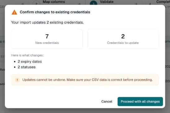 Confirm changes to existing credentials dialog with counts and the fields that change