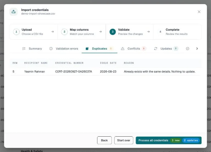 Duplicates tab with a row that matches an existing credential and changes nothing