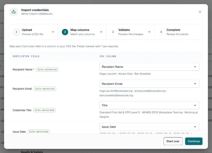 Map columns step listing CertLister fields with the CSV column matched to each