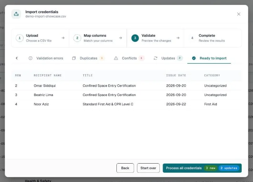 Ready to import tab listing the rows that will create new credentials