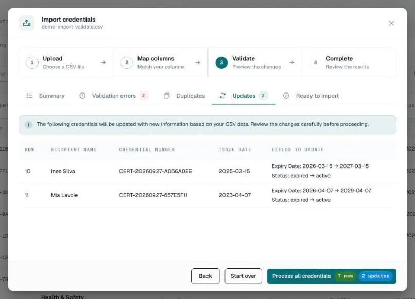 Updates tab listing each change, such as a new expiry date and status