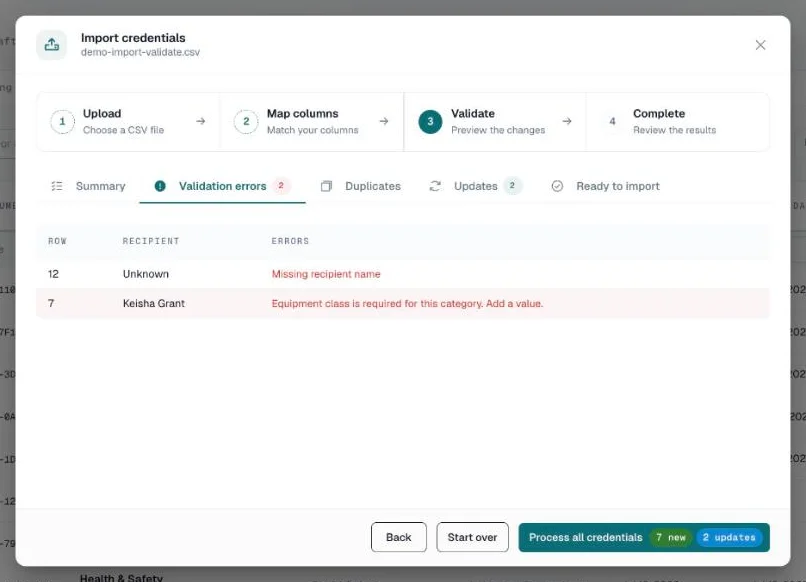 Validation errors tab listing rows with a missing recipient name and a date that can't be read