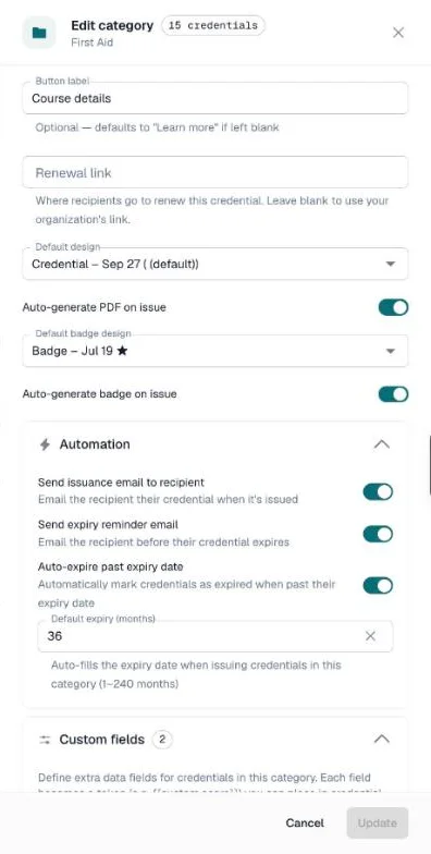 Automation section of the category drawer with the issuance email, expiry reminder and auto-expire switches and the default expiry months field