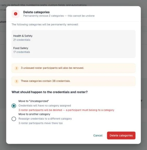 Delete categories dialog asking whether to move credentials to Uncategorized or to another category