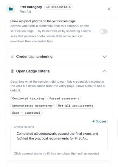 Open Badge criteria section with preset buttons and a criteria narrative