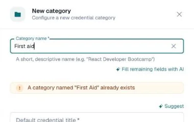 Warning under the category name saying a category named First Aid already exists