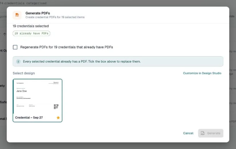 Generate PDFs dialog with a regenerate option and design selection