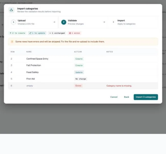Import categories preview listing rows to create, update, leave unchanged, and one error