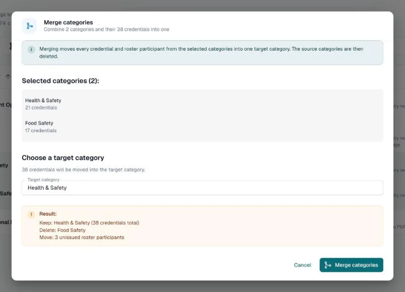 Merge categories dialog with the selected categories, a target category and the result summary