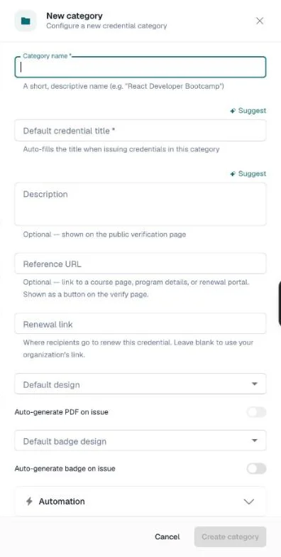 New category drawer with name, default credential title, description, links, and design settings