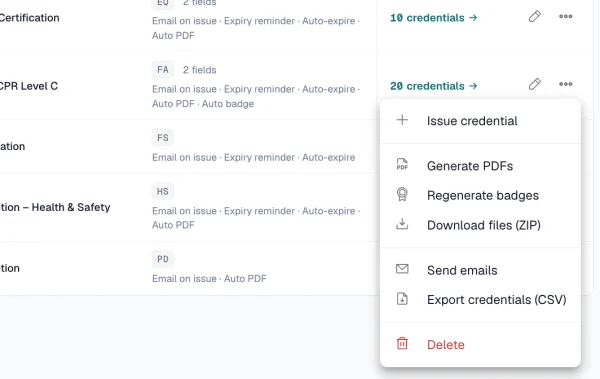 Category row menu open with Issue credential, Generate PDFs, Regenerate badges, Download files (ZIP), Send emails, Export credentials (CSV) and Delete