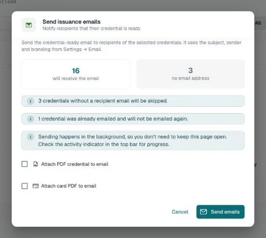Send issuance emails dialog with counts, skipped credentials, and attachment options