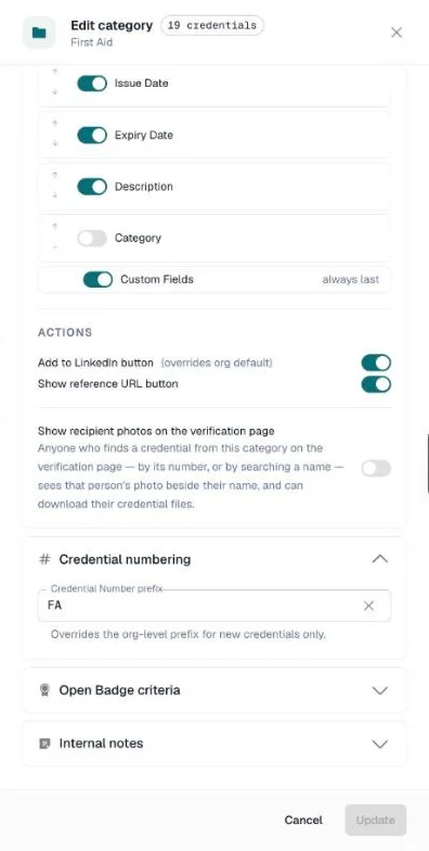 Verification page section of the category drawer with field switches, the Actions switches, and the Credential numbering section