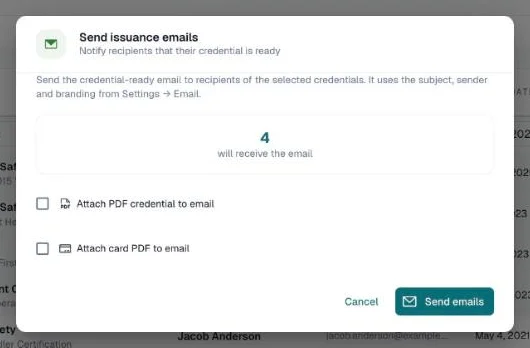 Send issuance emails dialog showing how many recipients will receive the email, with the attachment options