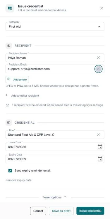 Issue credential drawer with the line saying the recipient will be emailed and the Send expiry reminder email checkbox ticked