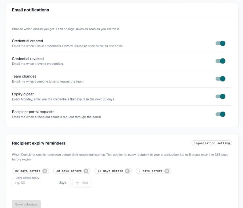Settings, Notifications with the email notification switches, including Expiry digest, and a reminder schedule of 90, 30, 14 and 7 days before
