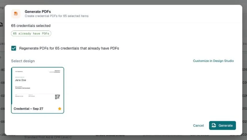 Generate PDFs dialog with the regenerate checkbox ticked and a design selected