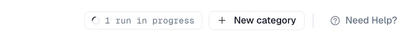 Top bar showing 1 run in progress next to New category