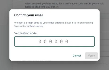 Confirm your email dialog asking for the 6-digit verification code